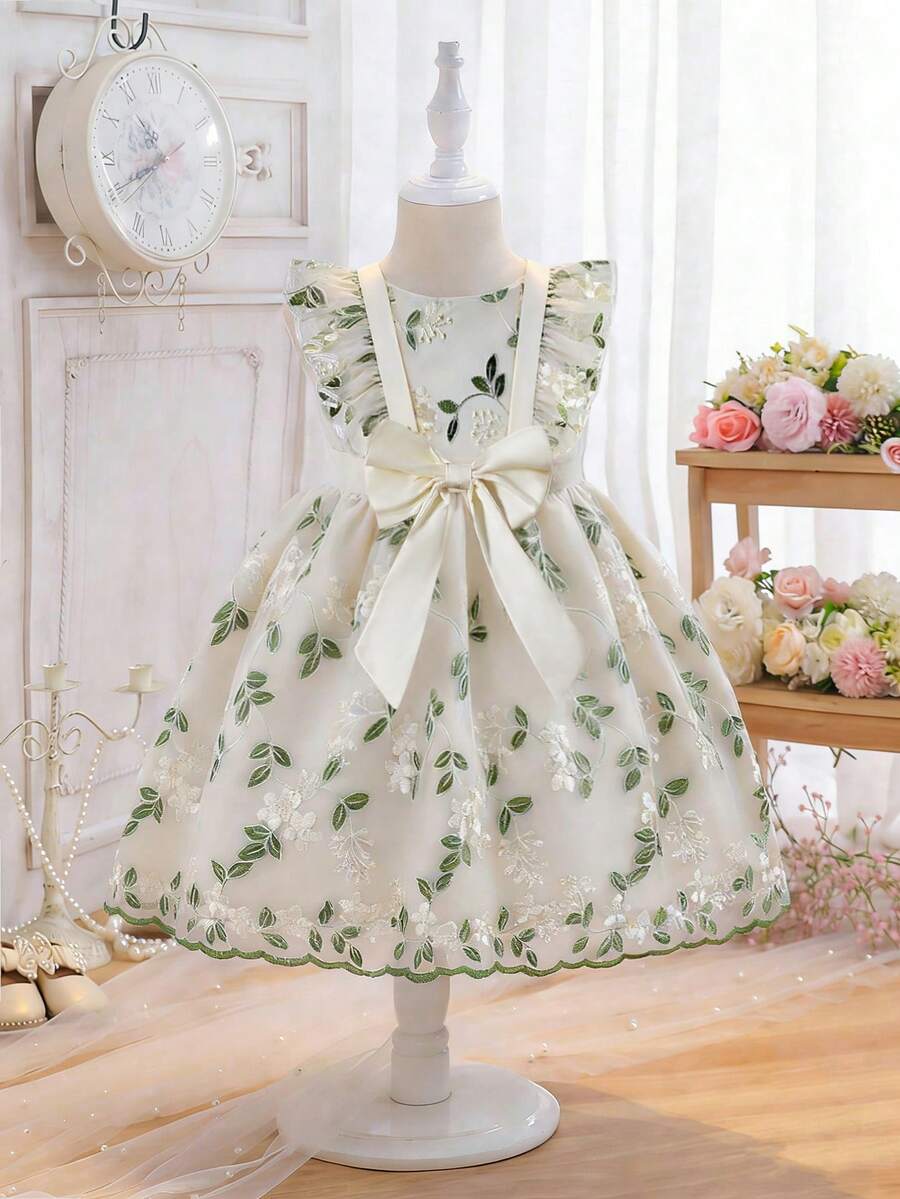 SHEIN Glamorique Kids Girls Sweet Cute Cap Sleeve Mesh Embroidered Midi Dress - Apricot - View 1