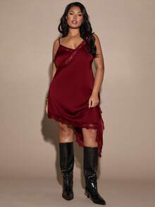 SHEIN BAE 大码宽松方肩修身半身裙垂褶环扣细节T恤裙街头风可爱优雅休闲性感秋季外出太妃糖色鸡尾酒裙，适合圣诞节、情人节、感恩节等场合，优雅连衣裙，棕色连衣裙 - 酒紅色 - 查看 5