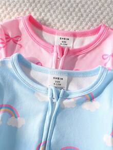 SHEIN 2件套女婴时尚甜美彩虹蝴蝶结图案舒适长袖连体睡衣 - 彩色 - 查看 4