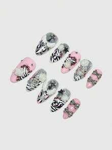 ROMWE Anime 10片Y2K风格虎纹玫瑰豹纹蝴蝶结翅膀元素高品质手工假指甲+3片双面胶带，可移除中长杏仁形手绘假指甲，可重复使用的高品质钻石闪粉假指甲，适合所有季节，适合节日派对、舞会和日常佩戴。 - 粉白銀色 - 查看 3