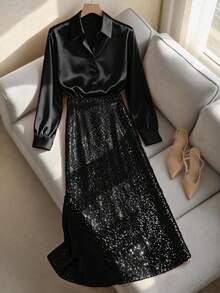 Franclia 大码女士优雅缎面V领长袖衬衫和亮片修身长裙两件套，适合休闲、通勤、度假、下午茶、圣诞派对等场合。 - 黑色 - 查看 3