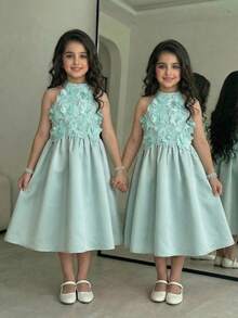 SHEIN Young Girl Solid Color 3D Floral Sleeveless Pullover Dress - Green - View 3