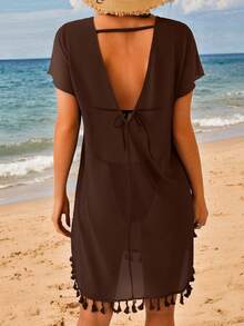 Swim Lushoire 女士沙滩度假装短袖拼接流苏网纱罩衫T恤裙 - 棕色 - 查看 2