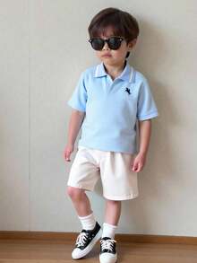 SHEIN 2pcs/Set Young Boys' Comfortable Polo Collar Color Block Casual Fashion Daily Versatile Knit Shirt And Woven Shorts Set, Suitable For Spring/Summer, Daily Wear, Sports, Outings, School, Gatherings, Festivals, Performances, And Photoshoots - Multicolor - View 1