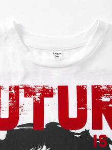 SHEIN 两件套青少年男童经典酷炫眼睛图案印花T恤和喇叭裤休闲套装，时尚标语印花，金钱符号印花，适合夏季、秋冬季节，男童套装，儿童男童服装，男童裤子，男童T恤，图案T恤，返校季，Y2K风格服装，复古服装，街头服饰 - 彩色 - 查看 3