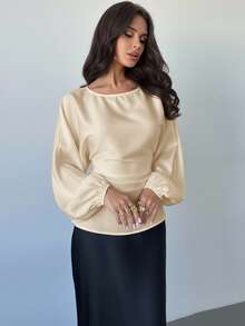 Firerie 女士新款优雅浪漫休闲都市通勤时尚百搭咖啡棕色圆领蝙蝠袖长袖系带X型修身衬衫，适合教师及秋季穿着 - 米色 - 查看 4