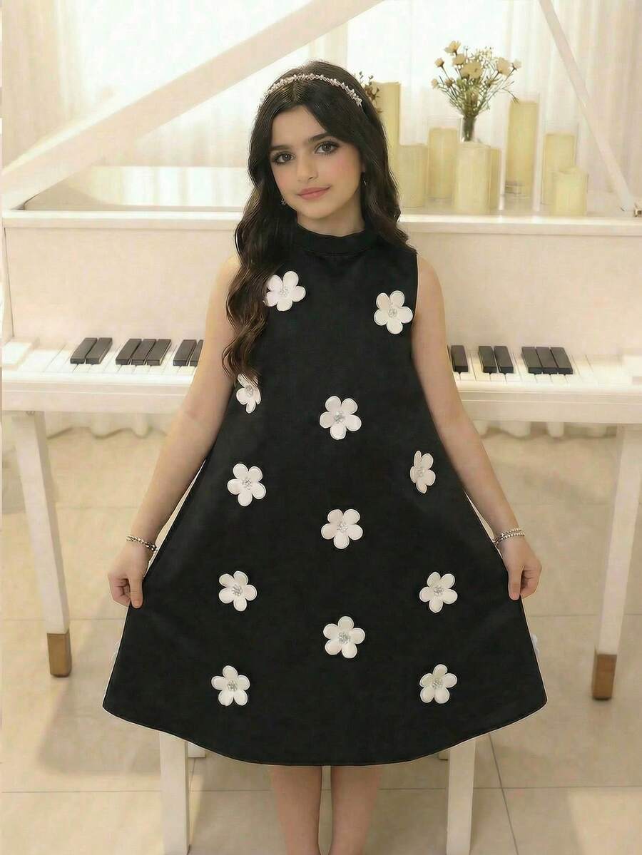 SHEIN 少女休闲日常通勤可爱黑色立领泡泡袖直筒碎花连衣裙，春夏款 - 黑色 - 查看 1