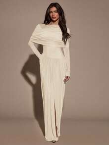 SHEIN BAE Women's Solid Color Boat Neck Ruched Long Sleeve Dress - Apricot - View 7