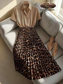 Franclia Commuter Outdoor Shirt Collar Cinched Waist Leopard Print Cinched Waist Women's Mid-Length Dress - Multicolor - View 1