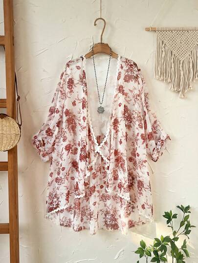 EMERY ROSE 大码女式春季休闲度假刺绣拼接花卉印花外套