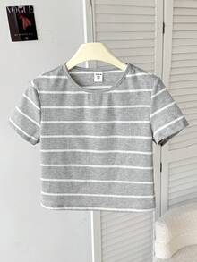 SHEIN Tween Girl Casual Mixed Striped Knit Crew Neck Short Sleeve Top,Kids - Light Grey - View 3