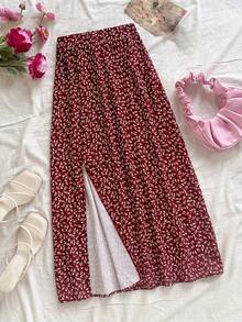 SHEIN 少女酒红色碎花高低摆半身裙 - 酒紅色 - 查看 2