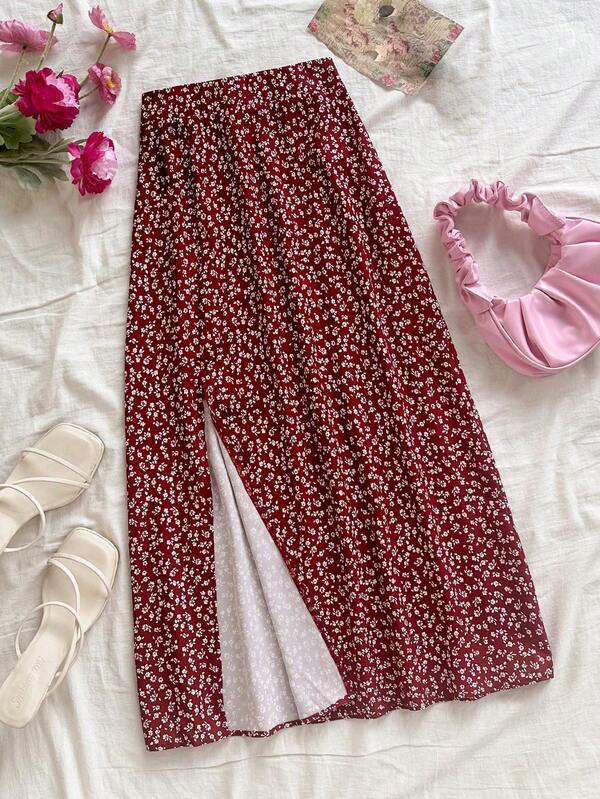 SHEIN 少女酒红色碎花高低摆半身裙