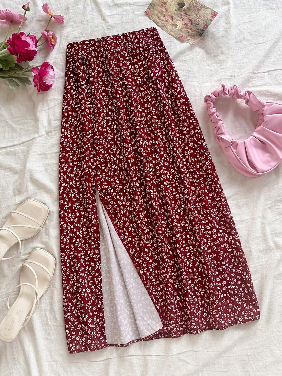 SHEIN 少女酒红色碎花高低摆半身裙 - 酒紅色 - 查看 1