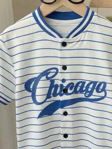 SHEIN Young Boys Summer Casual Striped Button-Front T-Shirt And Shorts Set - Blue and White - View 4