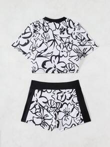 Swim SPRTY Bộ đồ bơi nữ in hoa, áo croptop tay ngắn cổ tròn và quần short đi biển, thích hợp cho kỳ nghỉ biển và lướt sóng, bộ 2 món cho kỳ nghỉ. - Nhiều màu - Xem 5