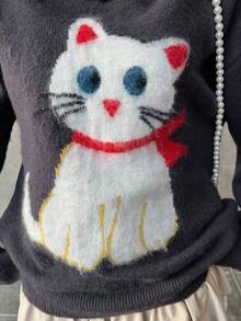 FRIFUL Áo len nữ màu trơn cổ tròn vai rớt tay dài họa tiết mèo móc len, dáng rộng thoải mái, đa năng, thích hợp cho mùa thu/đông. - Màu xám đen - Xem 4