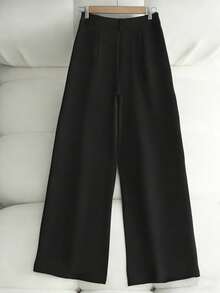 SHEIN PETITE Women's Button Waist Band Straight Loose Casual Dress Pants - Black - View 2