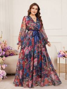 Modelyn 大码女士优雅印花长裙，交叉V领，长袖，系带腰身，A字廓形，适合度假穿着 - 彩色 - 查看 4