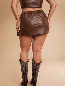 SHEIN BAE Gonna a vita alta vintage da donna taglia comoda per festival musicali, estiva e autunnale, in stile casual con cintura, gonna a metà, in PU, in pelle, adatta per festival musicali, per feste del Giorno dei Morti, per l'estate, per stile western da cowgirl, per concerti country, per Pasqua, gonna corta, estiva, gonna da donna per l'estate - Castano - Visualizzare 4