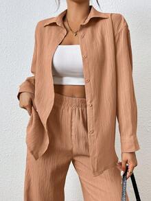 SHEIN PETITE Bộ đồ nữ màu trơn tối giản gồm áo dài tay và quần, thích hợp mặc hàng ngày. - trái cam - Xem 4