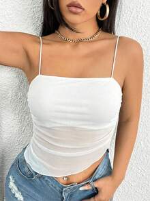 Glamine Solid Color Spaghetti Strap Ruched Casual Versatile Fitted Camisole - White - View 6
