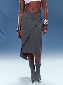 Normani Women's Dark Grey Striped Wrap-Around Split Hem Asymmetrical Skirt,Autumn Business Casual Office Commuter Elegant Western Slit Wrap Skirts For Women - Dark Grey - View 5