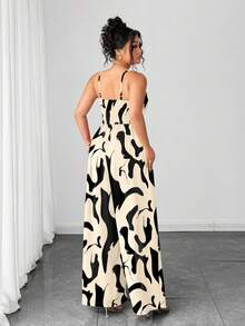 Elenzga Bộ jumpsuit nữ cỡ lớn thanh lịch in hoa, dây đeo có thể điều chỉnh, eo thắt, kiểu dáng thời trang cho đầu xuân. - Màu be - Xem 2