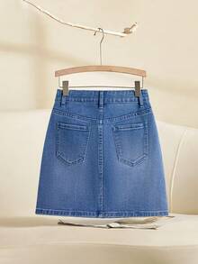 GlowEve Jupe mini en jean avec poche en biais, décoration de strass et broderie en forme de cœur pour femmes - Bleu azur - Voir 2