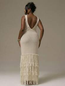 MUSERA Plus Size Sleeveless Ribbed Fringe Detail Maxi Sweater Dress Vacation Holiday Cute Holiday Romantic Cute Summer Sexy Beach Curve   Chic Elegant Spring Spring Summer - Apricot - View 2