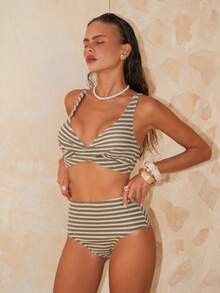 Swim Chiccia Women's New V-Neck Sleeveless Knit Jacquard Fabric Top And High Waist Triangle Bottom Casual Elegant Swimsuit 2-Piece Set, Spring/Summer - Multicolor - View 3