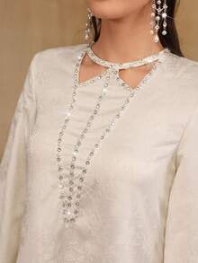 Al Najma Women's Apricot Jacquard Long Sleeve Elegant Rhinestone Embellished Loose Fit Dress - Apricot - View 4