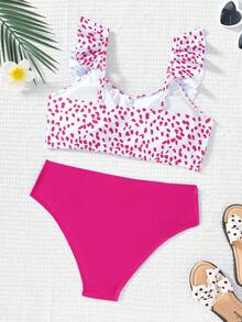 SHEIN Conjunto de traje de baño con estampado, volantes y patchwork, ideal para playa y piscina, para niña preadolescente en el Día de San Valentín - Rosa - Ver 2