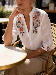 Balvessa Casual Split Collar Retro Print Women Shirt - White - View 5