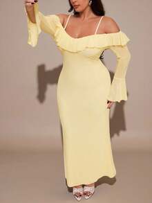 SHEIN BAE 大码女式荷叶边长款网纱连衣裙，黄色优雅连衣裙，度假连衣裙 - 黃色 - 查看 7