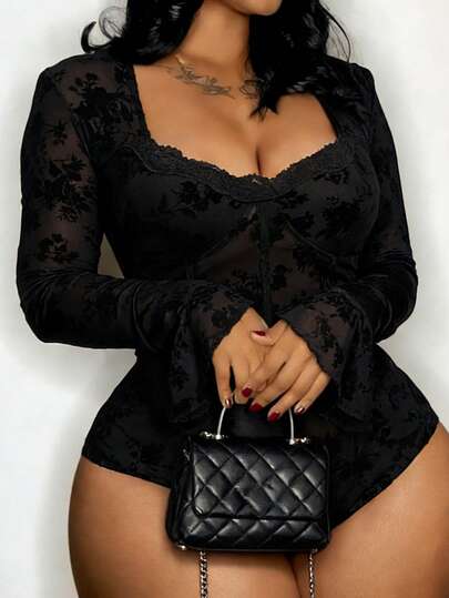 Veslaya 2026 New Sexy Sheer Mesh Flocked V-Neck Plus Size Bodysuit, Streetwear For Women, Suitable For Easter, Western, Holiday, New Year, Valentine's Day