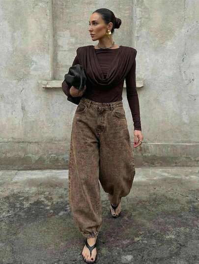 Anewsta Spring & Autumn New Valentine's Day Party Versatile Harem Casual Fashion Pants For Women, High Waist Loose Adjustable Waist Jeans Joggers