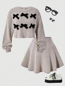 Tween Girl Pink Loose Puff Sleeve Top And Skirt Set, Fashionable For Back To School Wear In Autumn/Winter - Brown - View 7