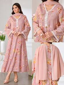 Al Najma Women's Elegant Floral Print Lace V-Neck Loose Long Arabic Dress - Pink - View 1