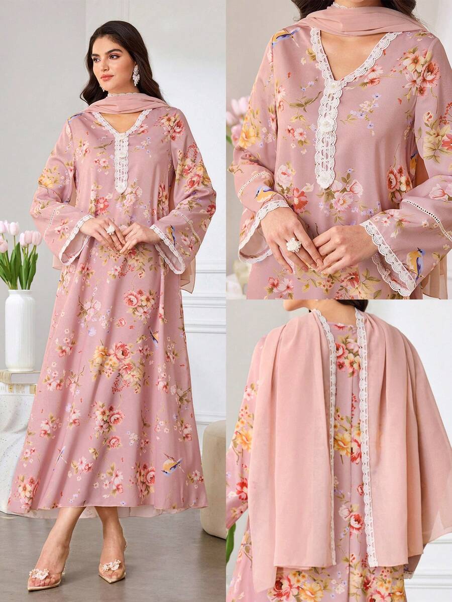 Al Najma Women's Elegant Floral Print Lace V-Neck Loose Long Arabic Dress - Pink - View 1
