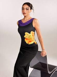 plantica Casual Sexy Urban Chic Floral Contrast Color Print Draped Neck Camisole Top, Suitable For Outings, Travel, Dates, Parties, Holidays, Valentine's Day, Spring/Summer,Going Out,Sexy, Elegant,, Wedding Guest, Music Festival, Musician, Night Club - Multicolor - View 8