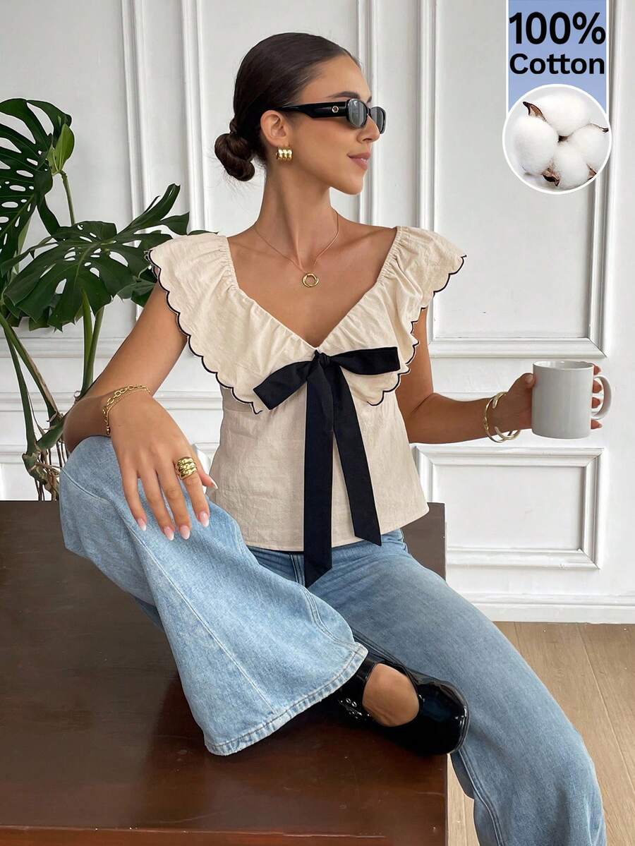 Serisse Áo kiểu nữ mùa hè kiểu Pháp 100% cotton màu trơn trang trí nơ, viền bèo nhún, áo sơ mi nữ trơn có bèo nhún, cổ áo thanh lịch và ruy băng, trang phục đi nghỉ mát cho nữ, trang phục miền Tây cho nữ, trang phục mùa hè cho nữ, trang phục thường ngày cho kỳ nghỉ, trang phục nghỉ dưỡng. - Màu be - Xem 1