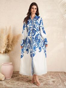 SHEIN Pregnant Women's Elegant Paisley Print Long Sleeve Dress - Blue - View 4