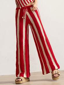 Bohemela Women's Belted Striped Casual Wide Leg Knit Pants - Red - View 6