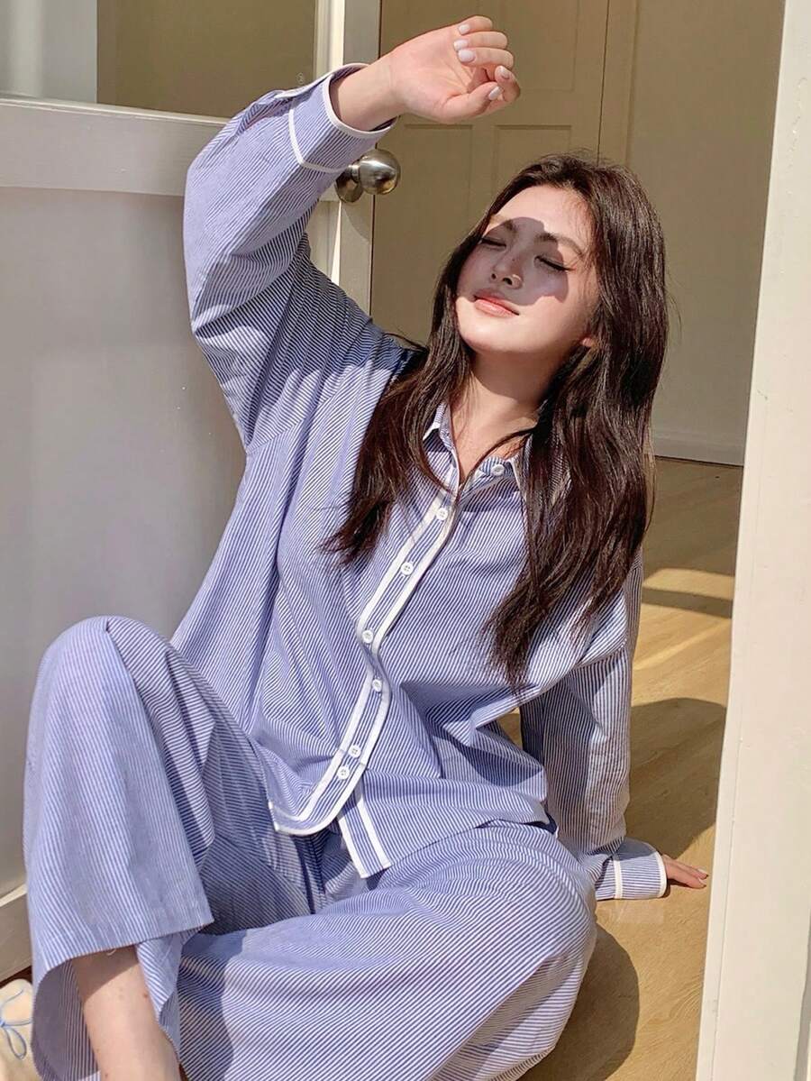 Dazy Plus Striped Color Block Loose Open Front Top And Long Pants Pajama Set, Spring/Autumn - Blue - View 1