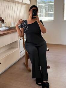 Napfluff CURVE Napfluff CURVE Asymmetrical Neckline, Sleeve Ruched Polka Dot Decor Short Sleeve & Long Pants Plus Size Pajama Set - Black - View 5