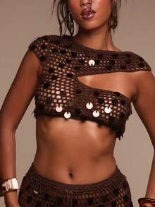 MUSERA Open Knit Sequin Off-The-Shoulder Crop Top Only Cover Up Swim Vacation Holiday Summer Travel Beachwear Terra Sol - Chocolate Brown - View 2