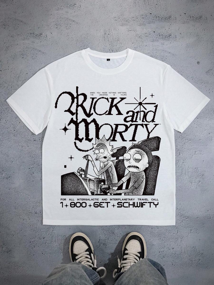 Rick and Morty X SHEIN 男士休闲字母卡通图案圆领短袖T恤，夏季款 - 白色 - 查看 1