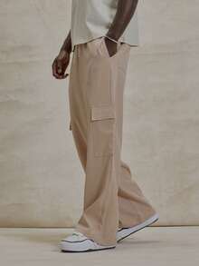 Musero 宽松直筒双贴片工装风口袋弹力抽绳腰带裤 冬季必备 - 粉色 - 查看 3