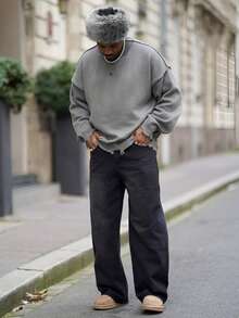 Heavens Edit 1 件装男士宽松破洞牛仔休闲阔腿牛仔裤，韩版/日系风格 - 黑色 - 查看 4